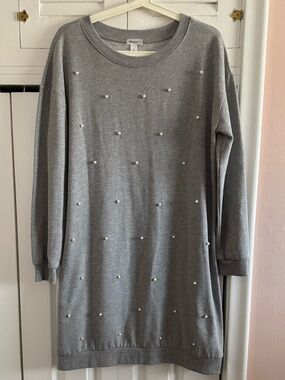 Pearl-Embellished Gray Sweatshirt Dress